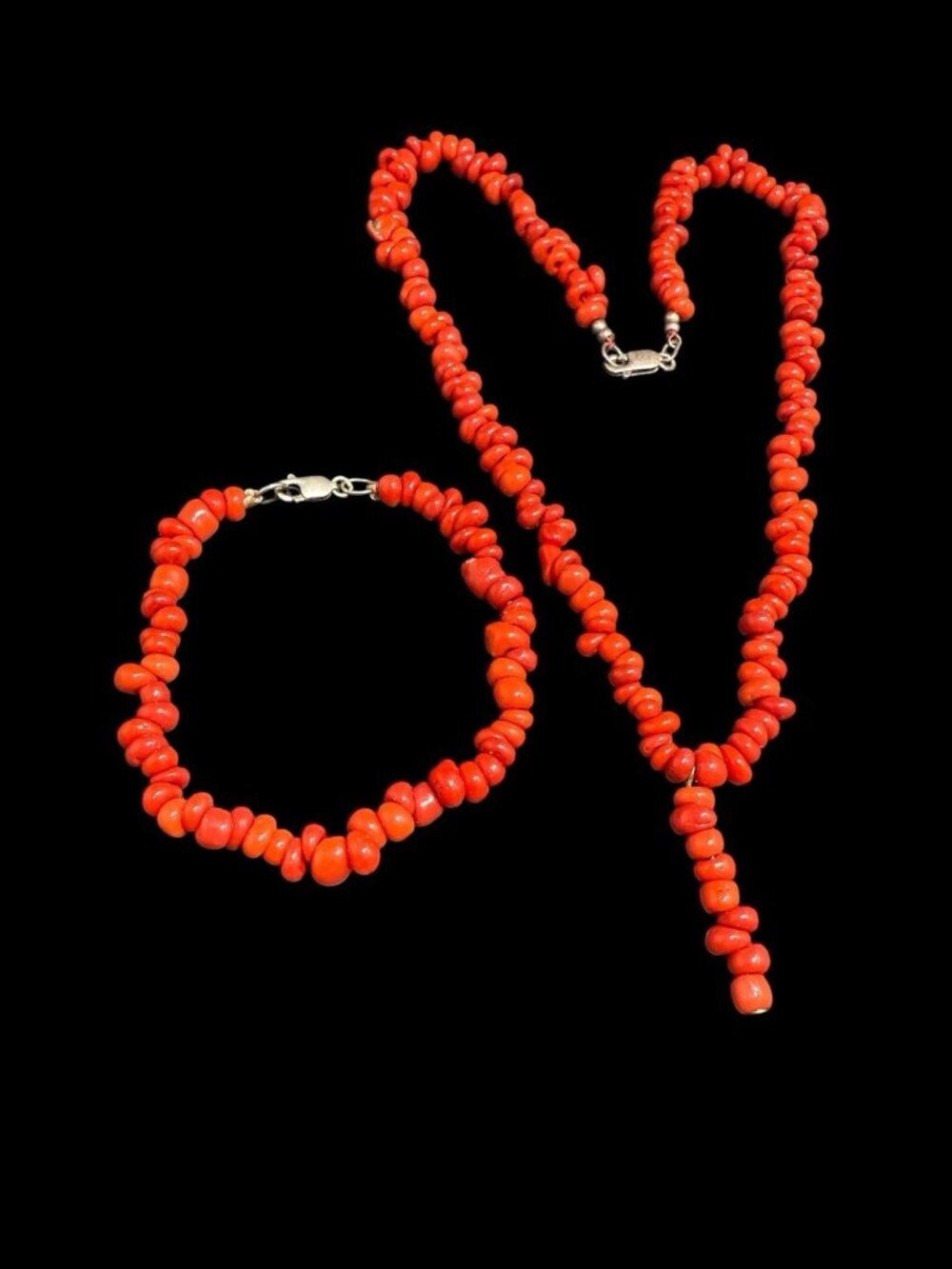 Vintage Natural Red Coral Beaded Jewelry Set 925 Silver Clasp Bracelet Necklace